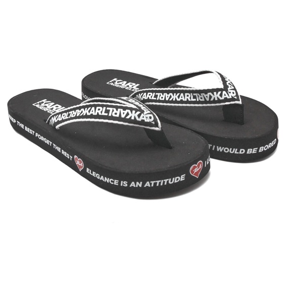Karl Lagerfeld Shoes - Karl Lagerfeld Black Flip-Flops with Logo and Heart Accents